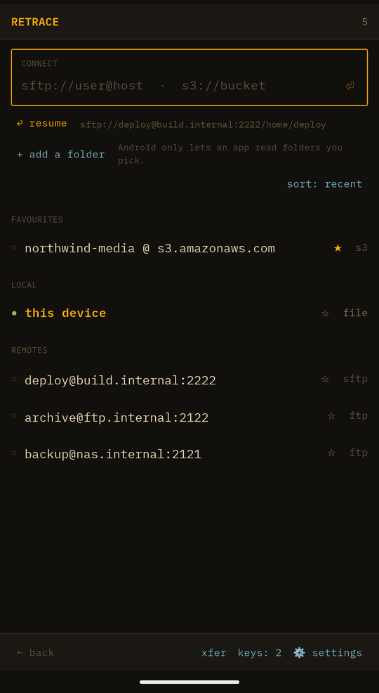 Retrace's host list, showing saved S3, SFTP and FTP servers grouped into favourites, local and remotes.